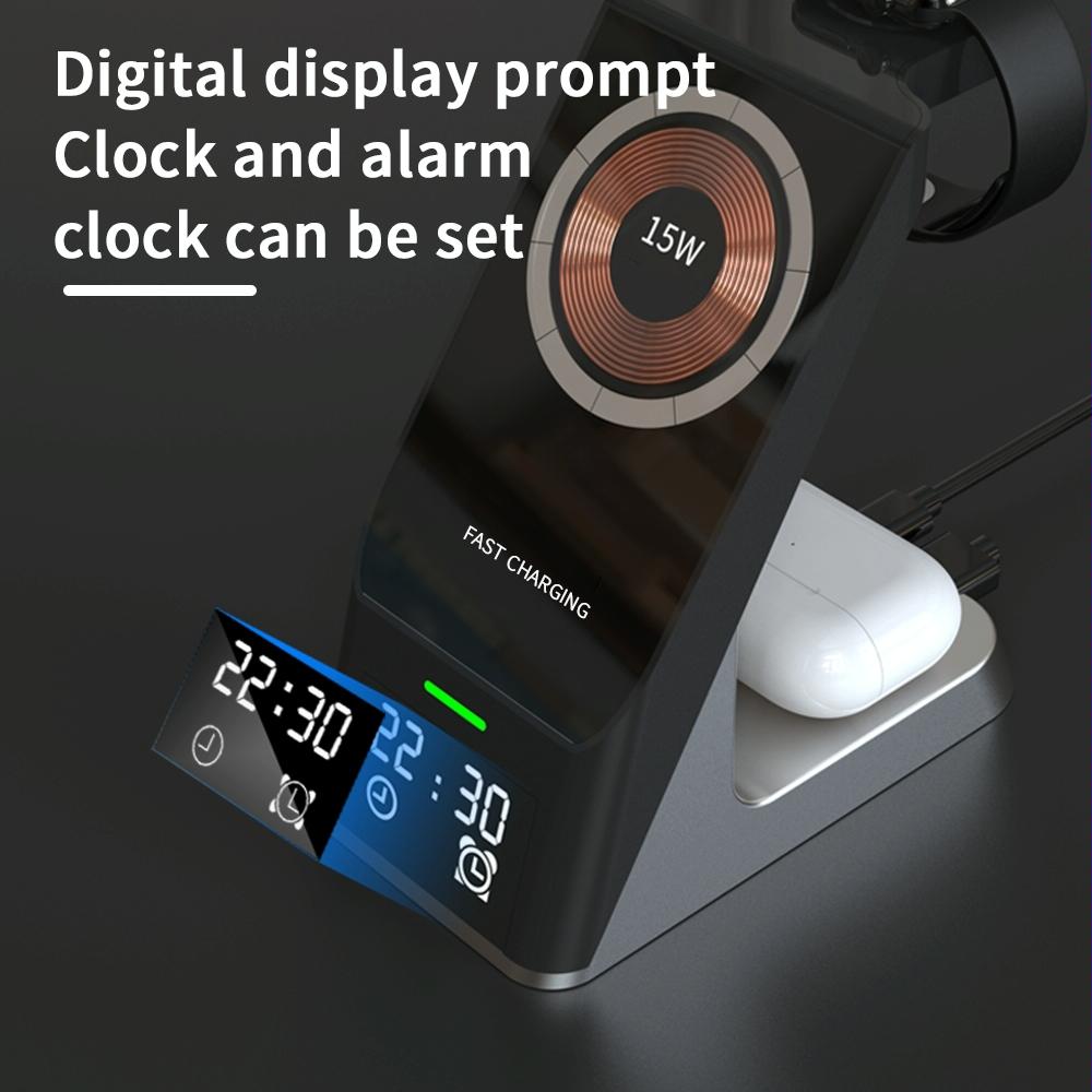15W 6 In 1 Magnetic Wireless Charger With Clock For Iwatch / Airpods
