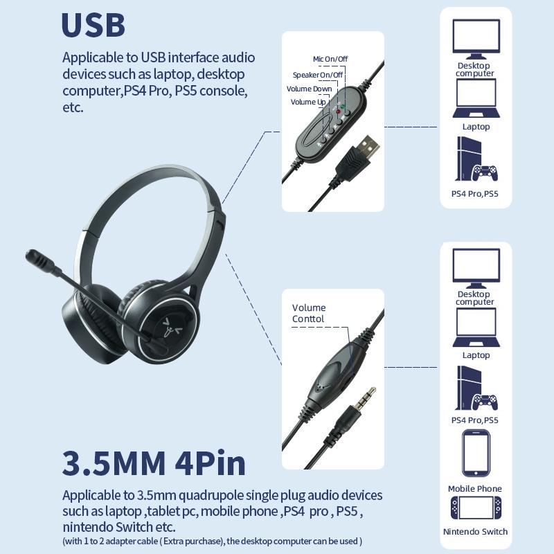 Long Wired Gaming Headset Noise Cancelling 3.5Mm Interface Black