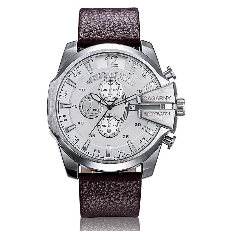 Men Leather Band Sports Watch with Large Dial - Silver White Brown