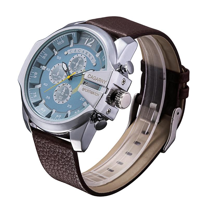 Men Leather Band Sports Watch with Large Dial - Silver White Brown