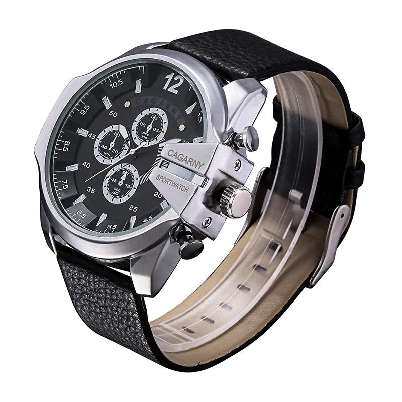 Men Leather Band Sports Watch with Large Dial - Silver White Brown