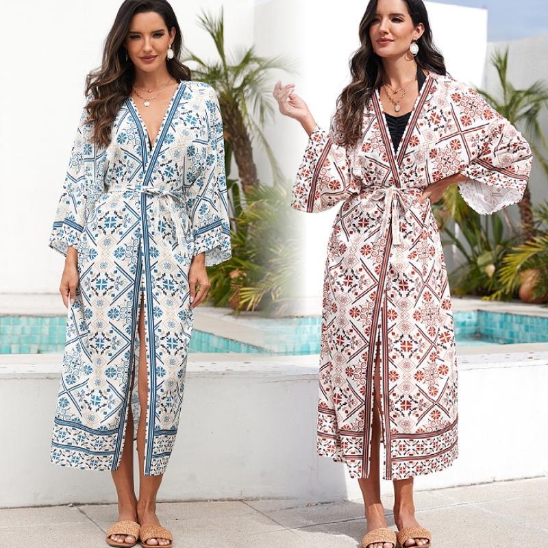 Ladies Beach Vacation Printed Shawl Bikini Sun Protection Cardigan Blouse - Size One Size - Blue