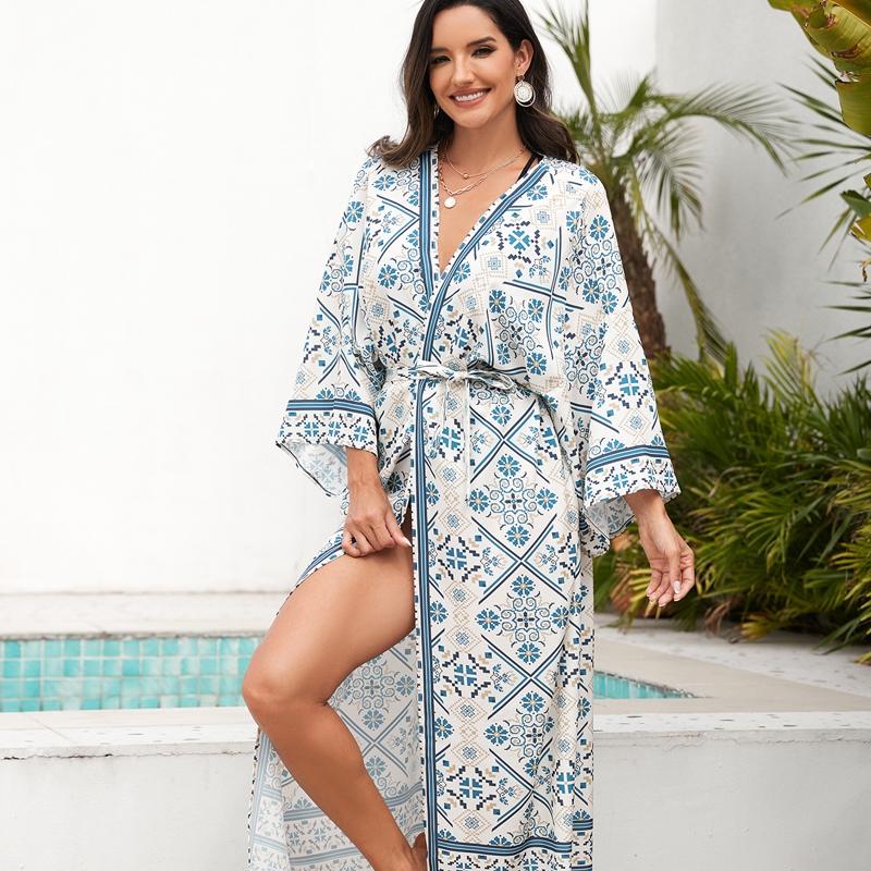 Ladies Beach Vacation Printed Shawl Bikini Sun Protection Cardigan Blouse - Size One Size - Blue