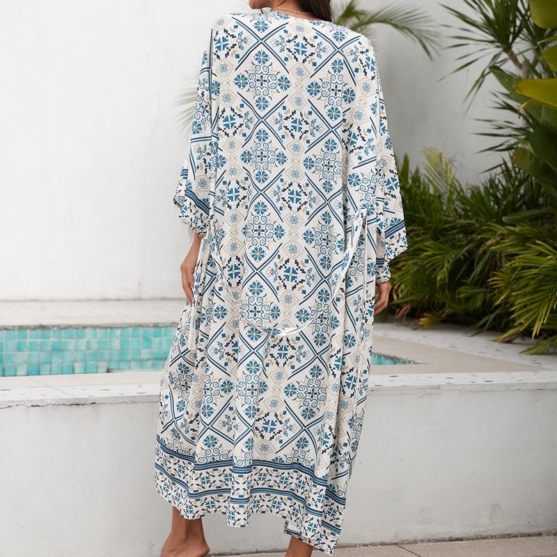 Ladies Beach Vacation Printed Shawl Bikini Sun Protection Cardigan Blouse - Size One Size - Blue