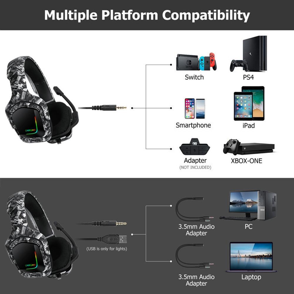Surround Sound Pc Gaming Headset With Mic & Rgb - Black Gray