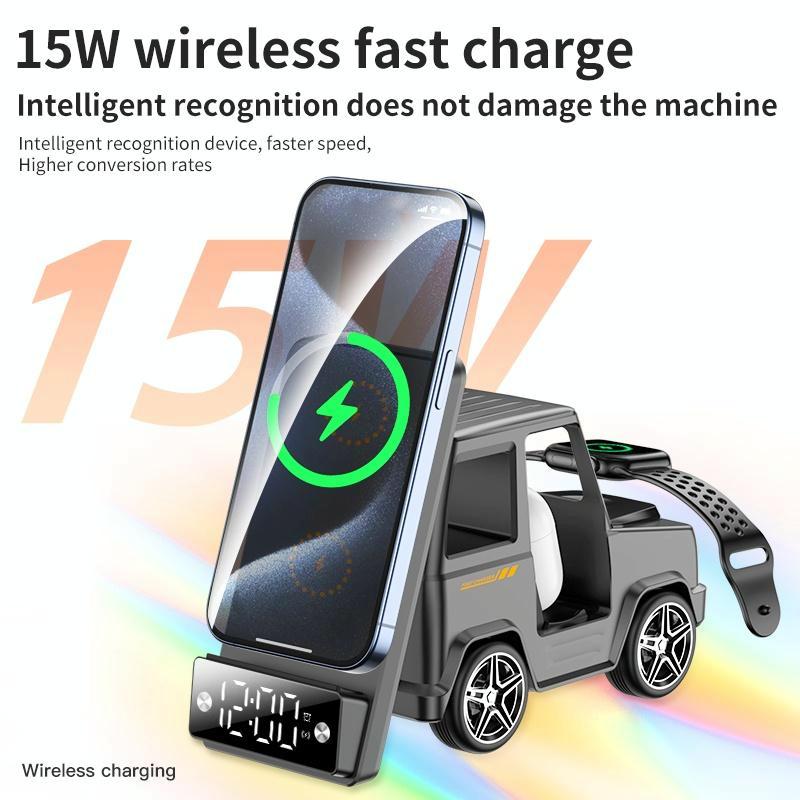 6 In 1 Car Shape Speaker With Clock & Wireless Charger - Grey