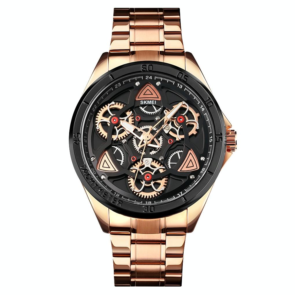 Waterproof Men Quartz Watch with Rotatable Gear Dial - Rose Gold Shell Black Surface