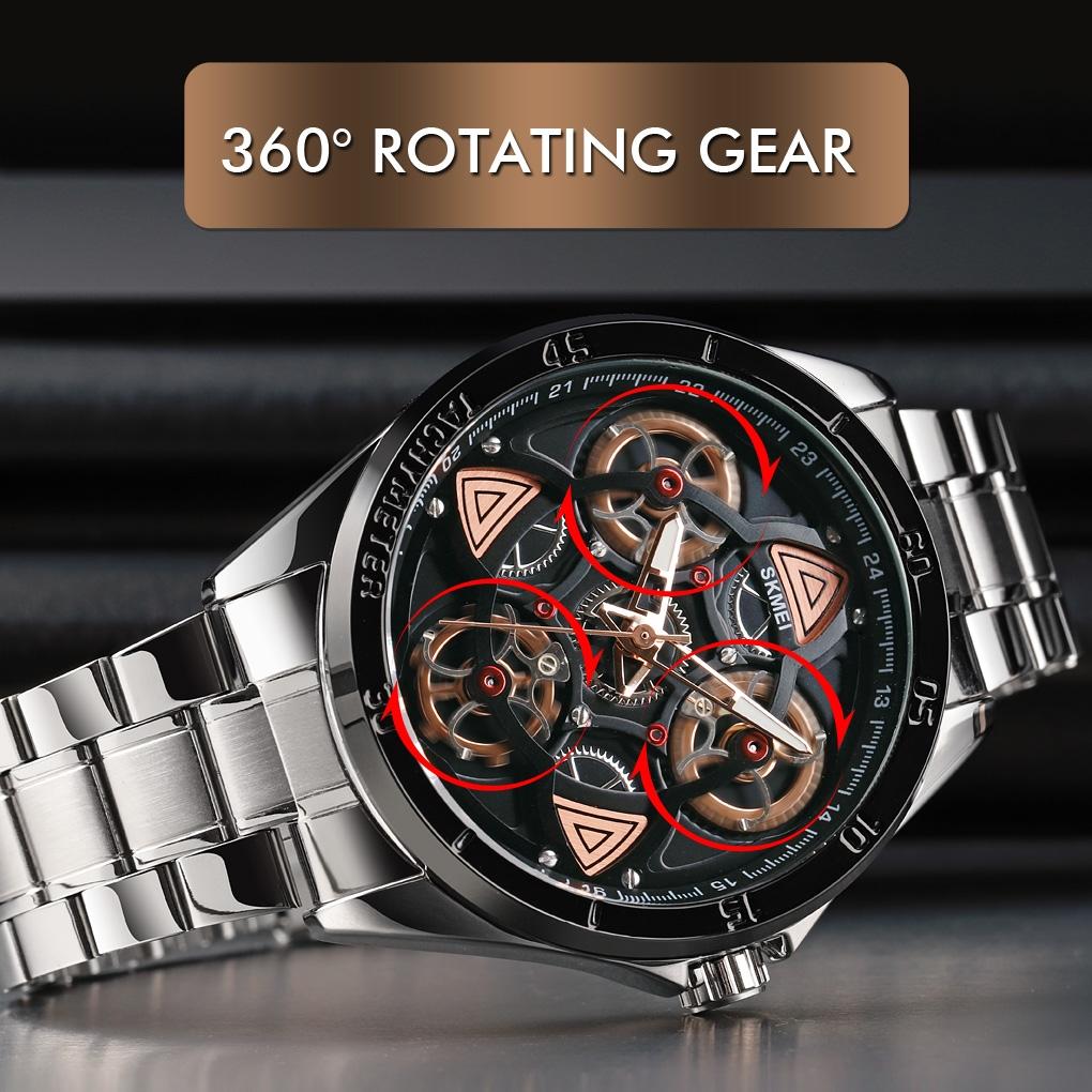 Waterproof Men Quartz Watch with Rotatable Gear Dial - Rose Gold Shell Black Surface