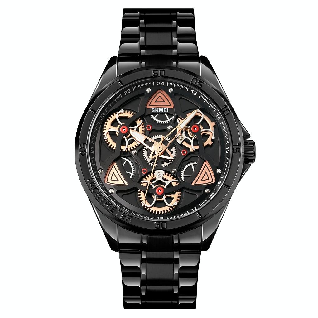 Waterproof Men Quartz Watch with Rotatable Gear Dial - Rose Gold Shell Black Surface
