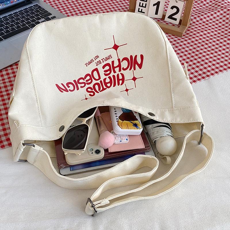 Printed Letter Canvas Tote For Women Spacious & Casual - White