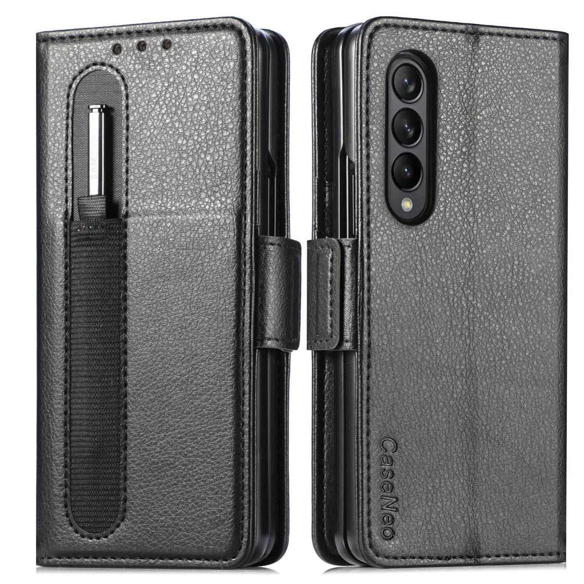 For Samsung Galaxy Z Fold4 5G Litchi Pattern Case With Pen And Card Slots - 4 - Black