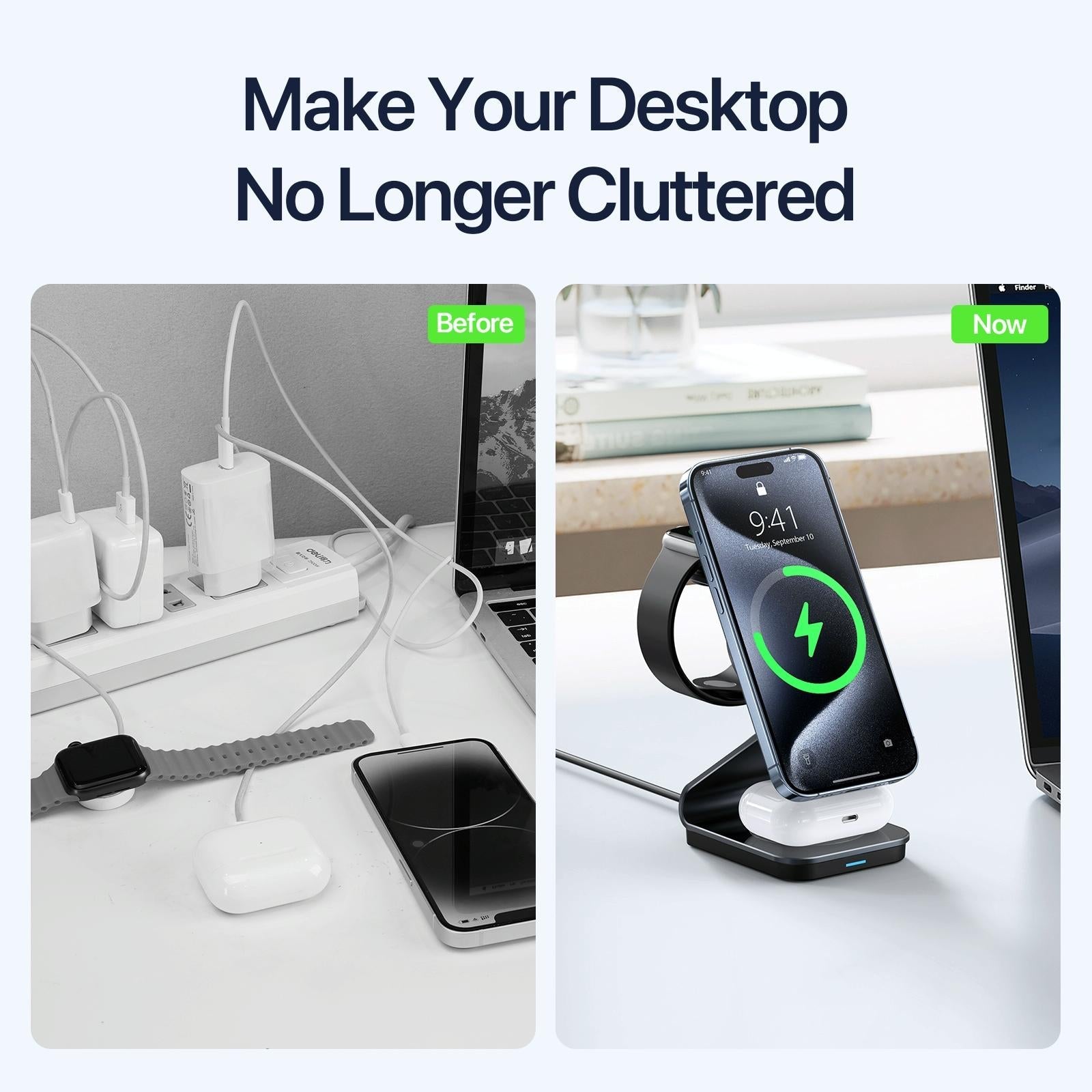 15W 3 In 1 Magnetic Wireless Charger Stand Black