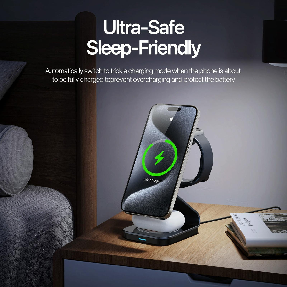 15W 3 In 1 Magnetic Wireless Charger Stand Black