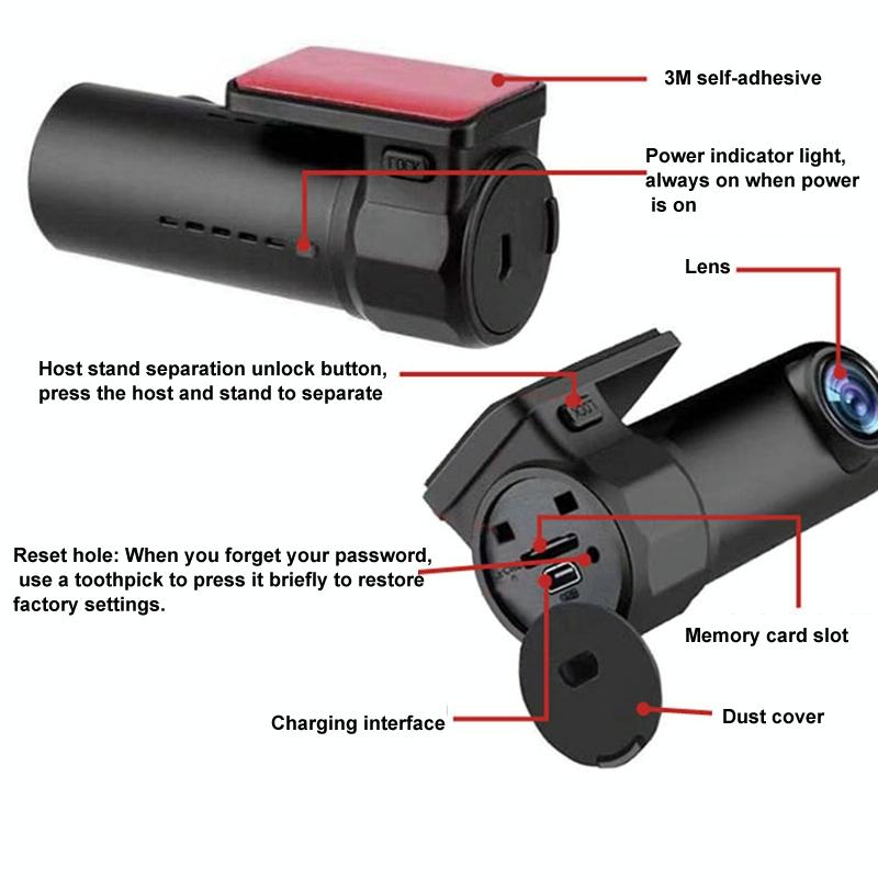 1080p Wifi Dash Cam with 170 Degree Wide Angle Lens - Hidden Car Recorder Black