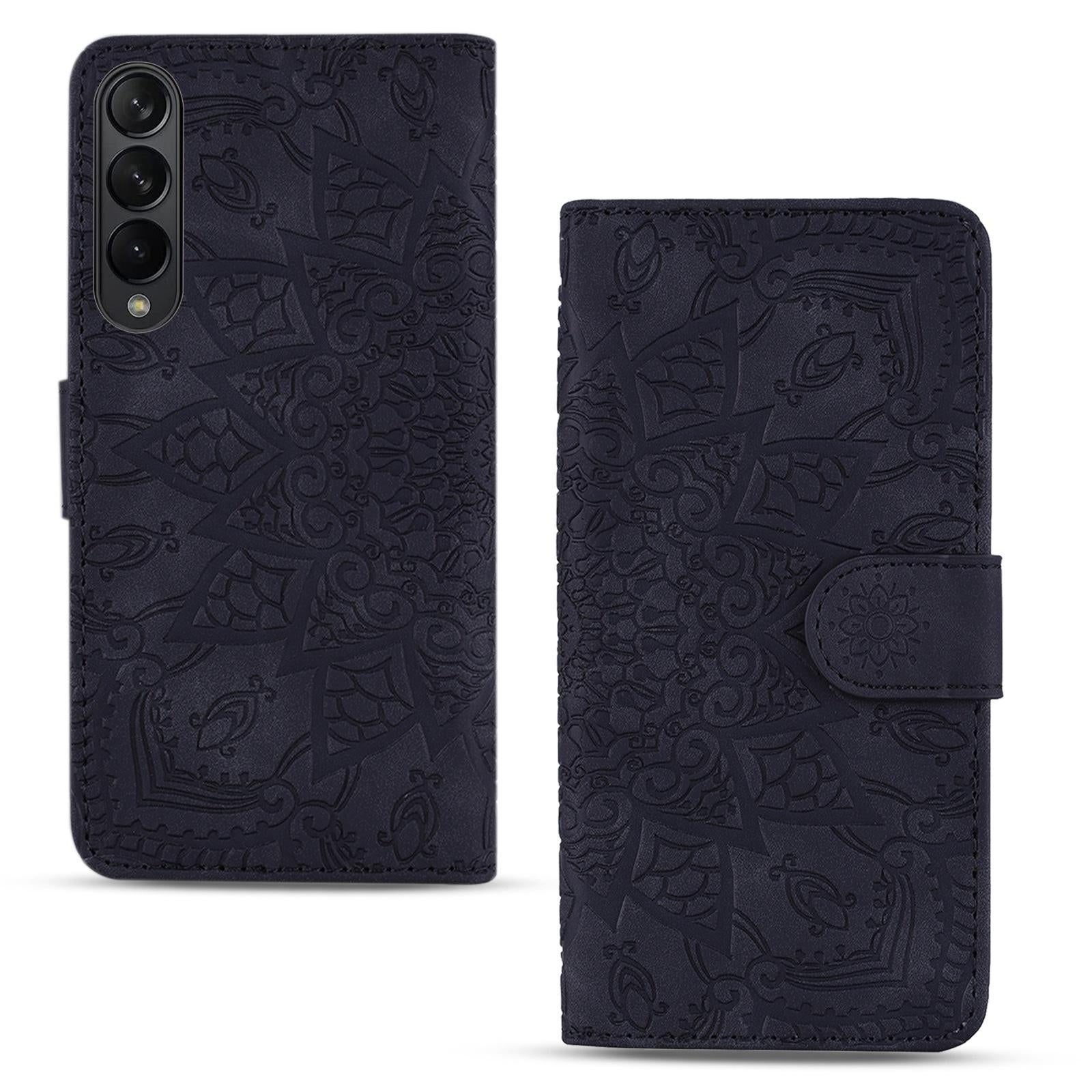 For Samsung Galaxy Z Fold4 5G Dual Fold Mandala Leather Case - Embossed Design - Brown
