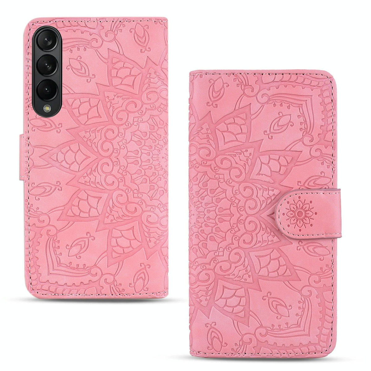 For Samsung Galaxy Z Fold4 5G Dual Fold Mandala Leather Case - Embossed Design - Brown