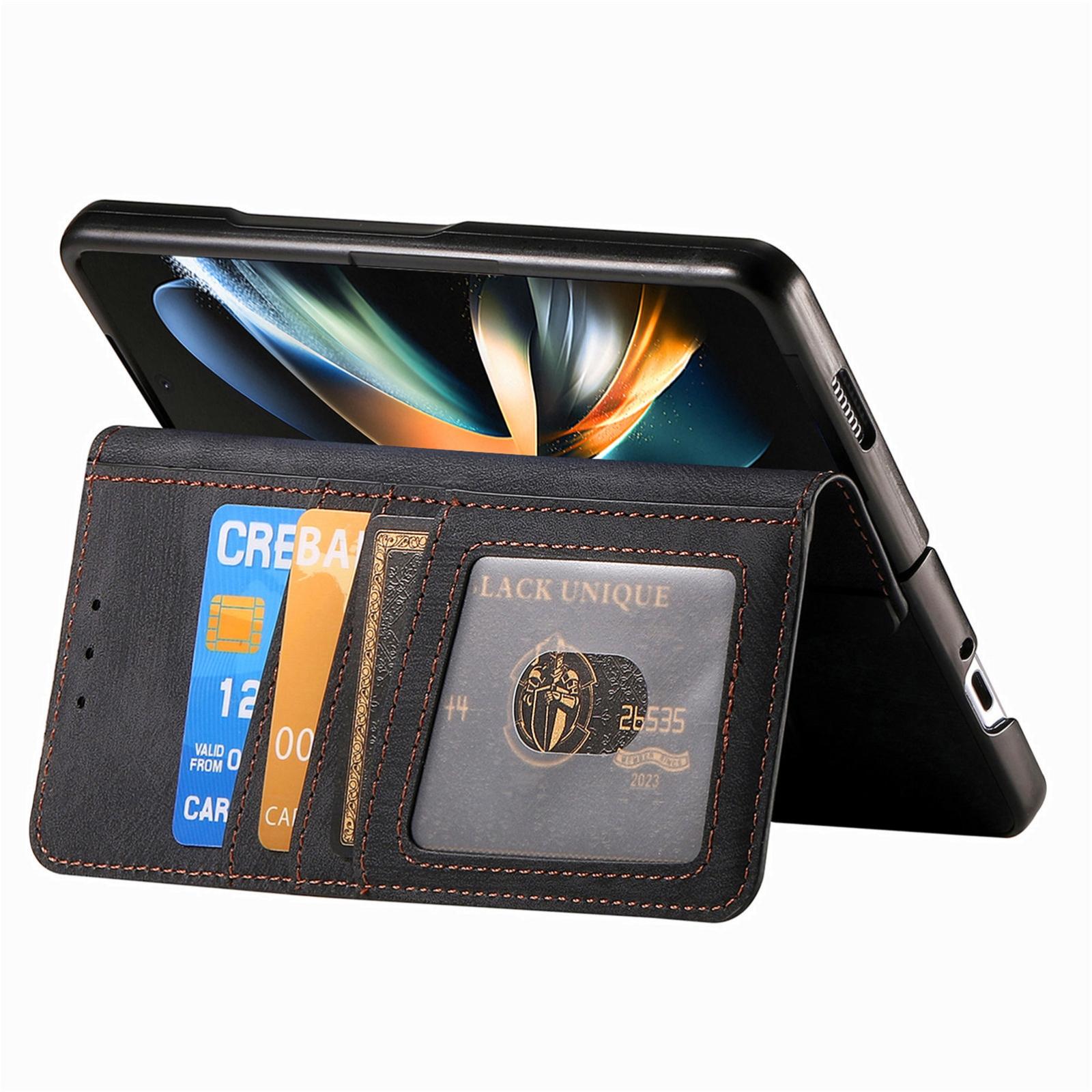 For Samsung Galaxy Z Fold4 5G Vintage Magnetic Wallet Case - Zipper Closure - Black