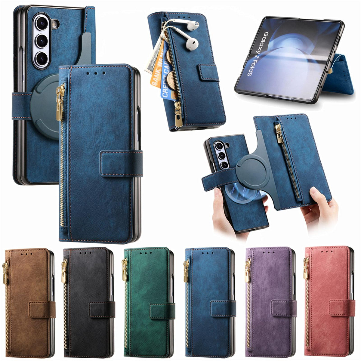 For Samsung Galaxy Z Fold4 5G Vintage Magnetic Wallet Case - Zipper Closure - Black