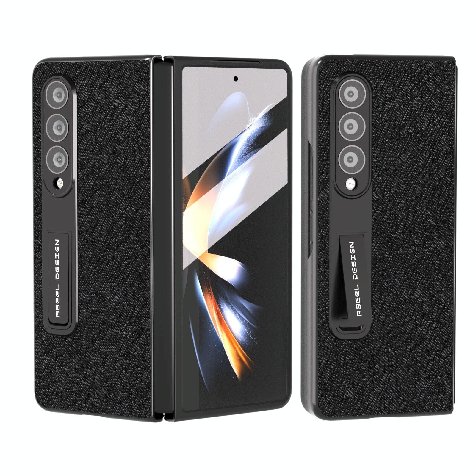 For Samsung Galaxy Z Fold4 5G Cross Texture Leather Phone Case With Holder - Black