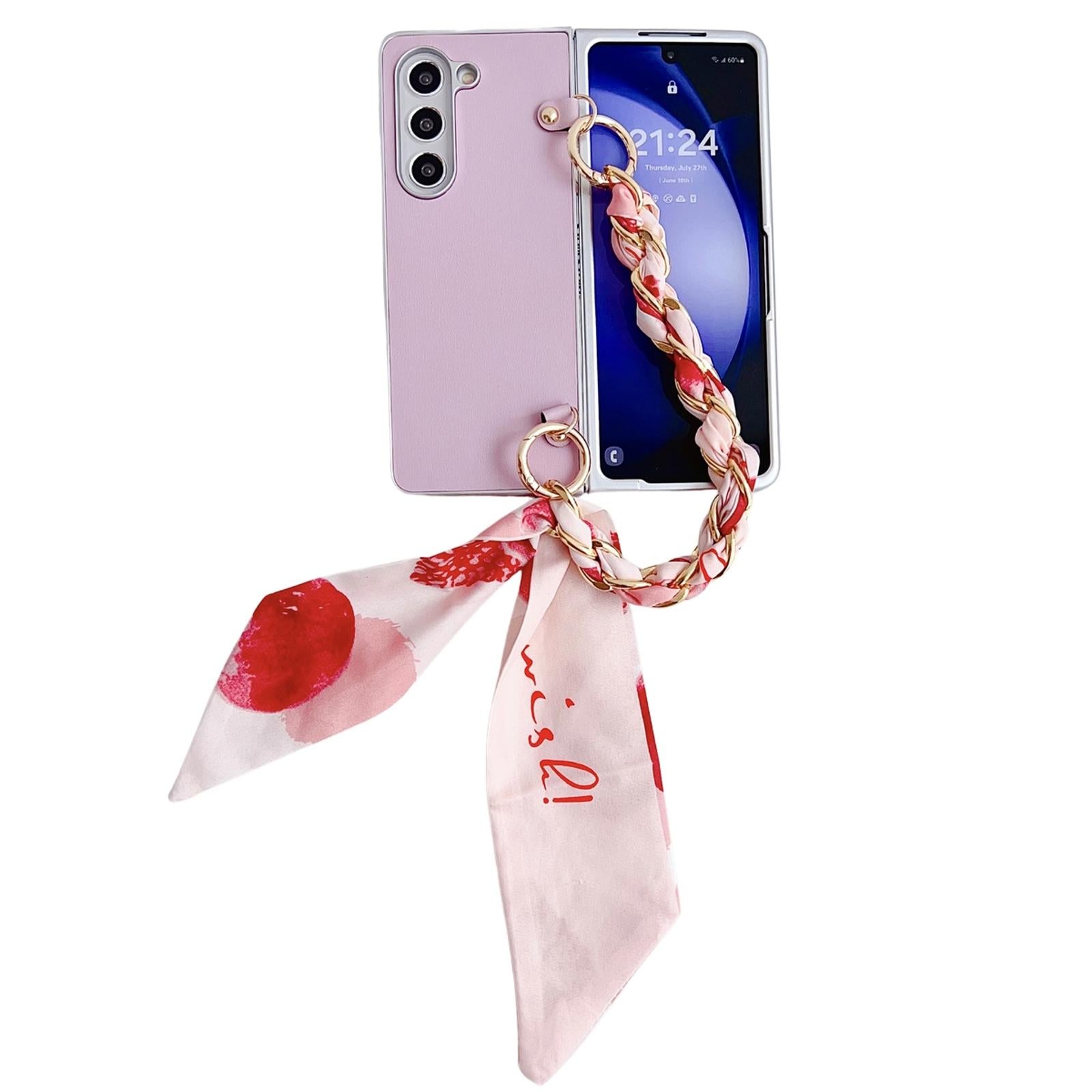 For Samsung Galaxy Z Fold4 5G Leather Phone Case With Metallic Paint And Scarf Bracelet - Pink