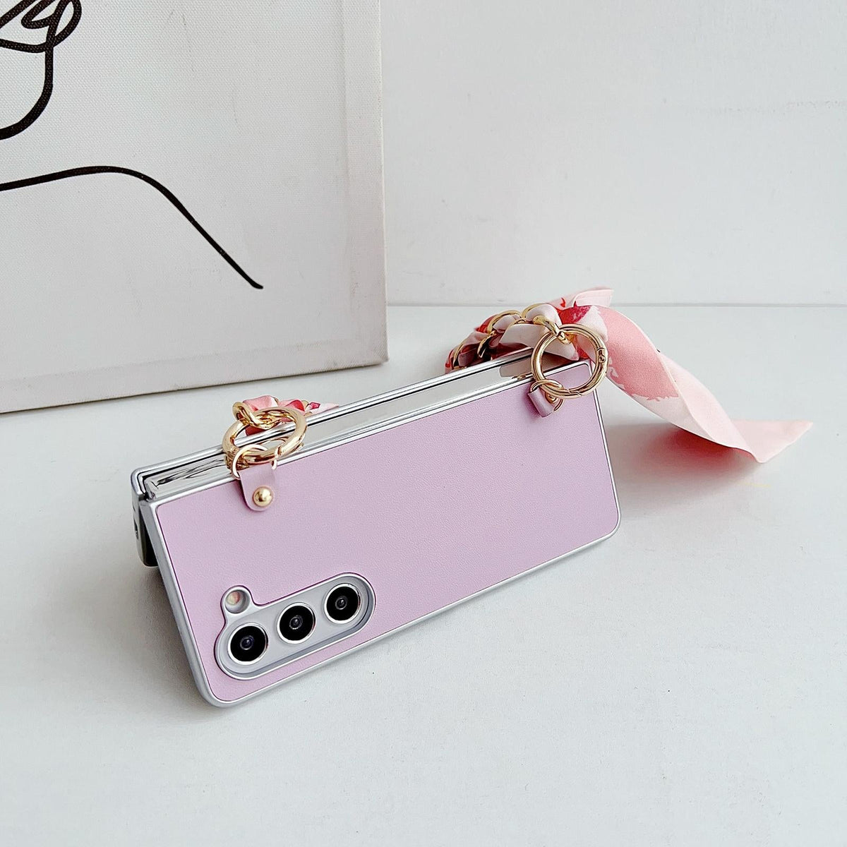 For Samsung Galaxy Z Fold4 5G Leather Phone Case With Metallic Paint And Scarf Bracelet - Pink
