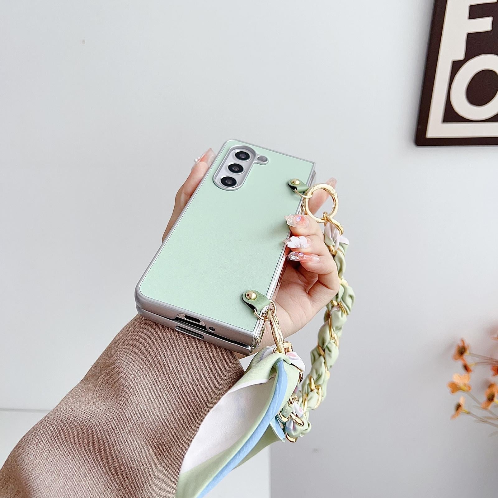 For Samsung Galaxy Z Fold4 5G Leather Phone Case With Metallic Paint And Scarf Bracelet - Pink