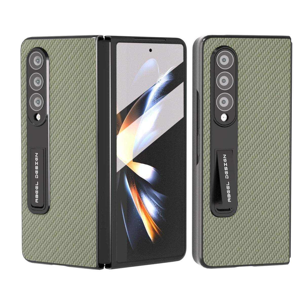 For Samsung Galaxy Z Fold4 5G Carbon Fiber Phone Case With Holder - Brown