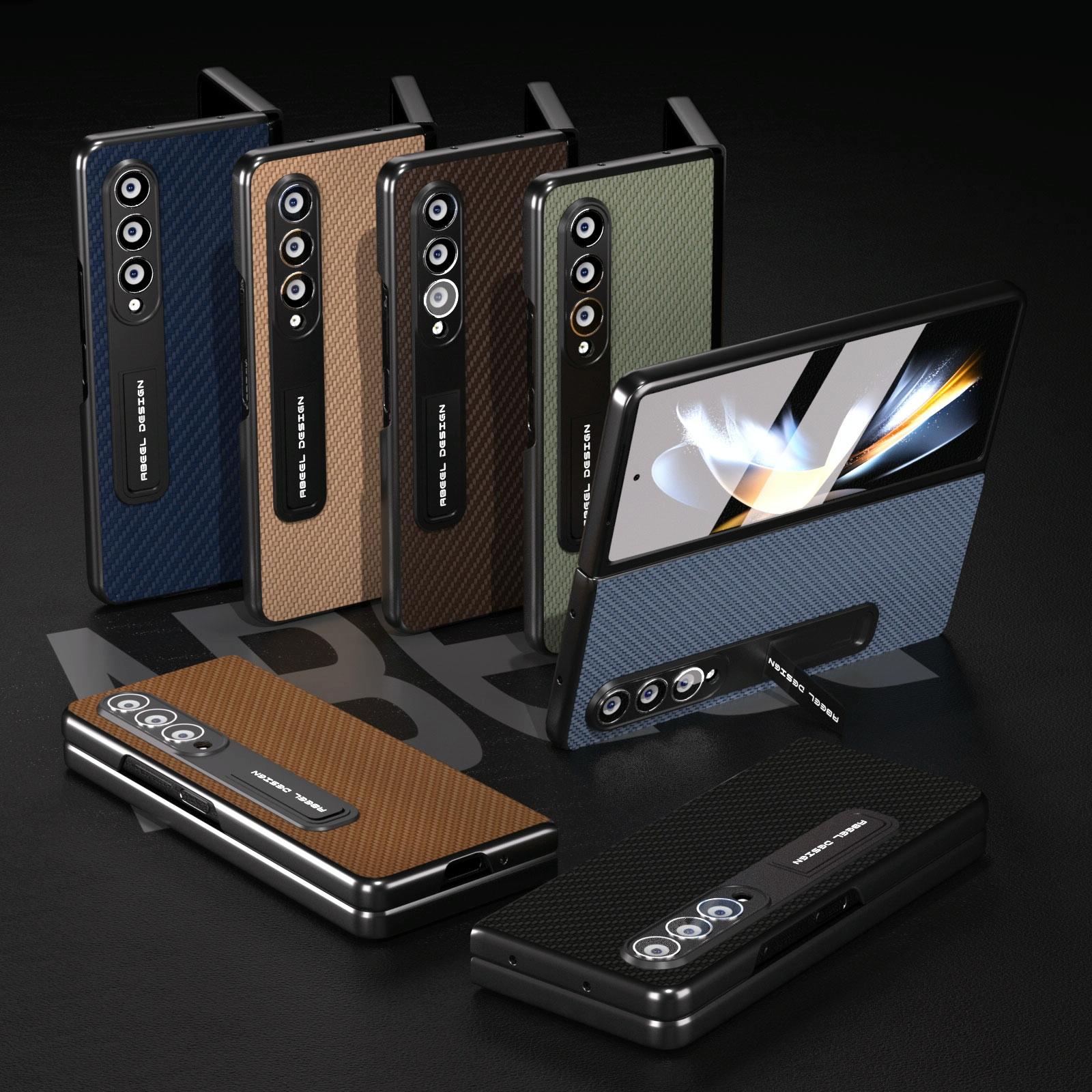 For Samsung Galaxy Z Fold4 5G Carbon Fiber Phone Case With Holder - Brown