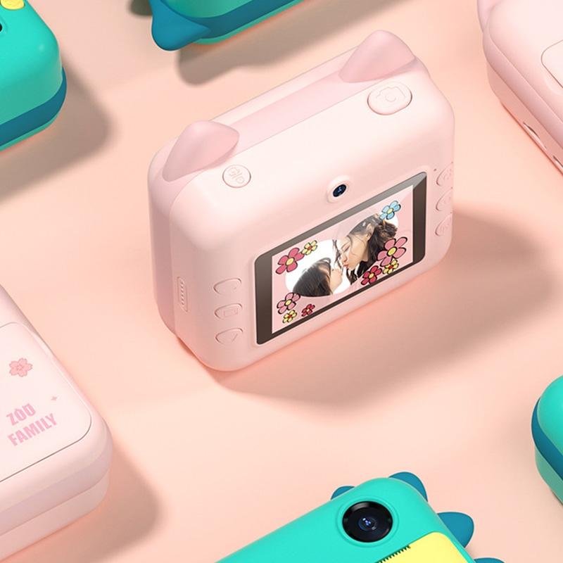 Children's Instant Camera with Dual-lens and Mini Print - Green Dinosaur - Pink Cat 16Gb
