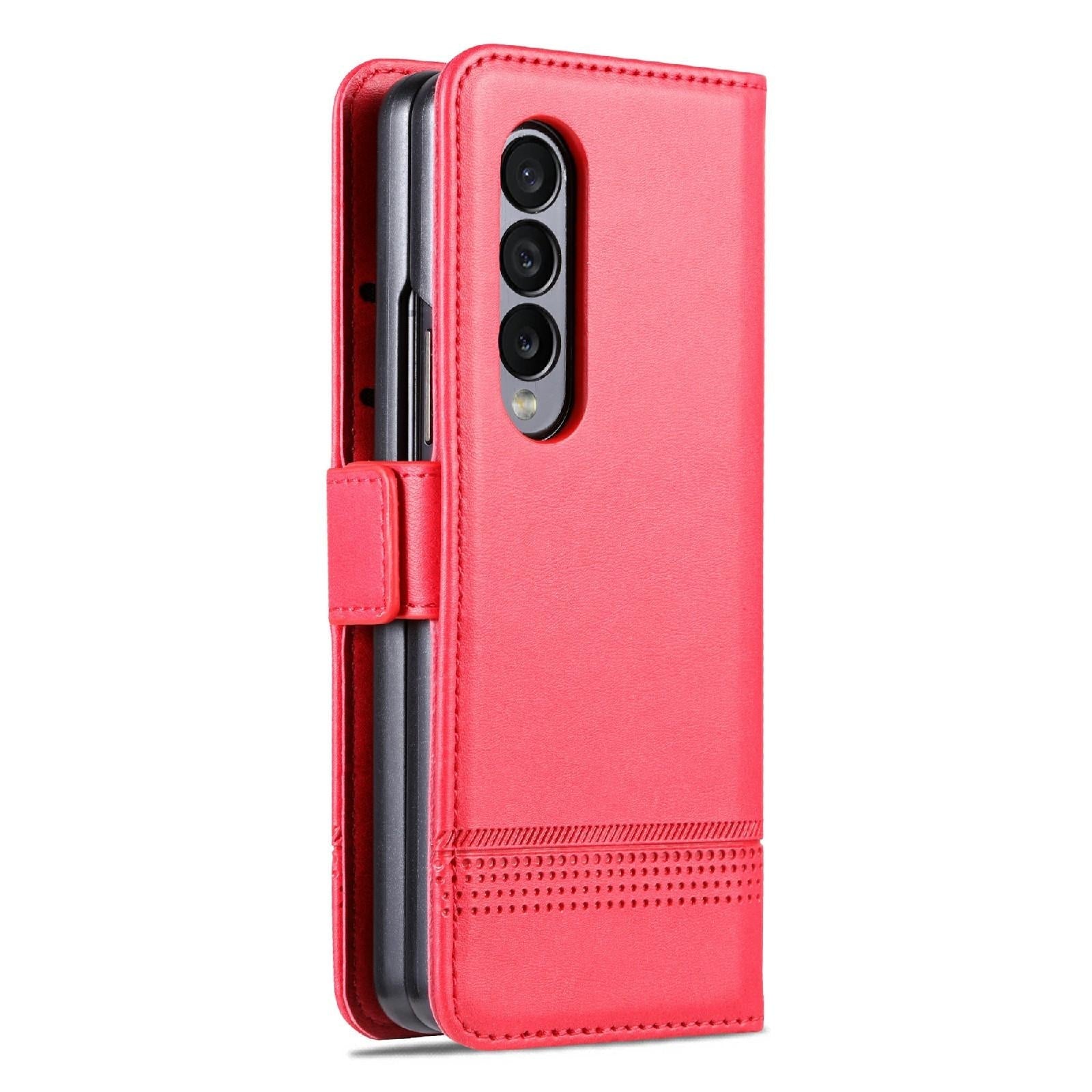 For Samsung Galaxy Z Fold4 5G Leather Magnetic Phone Case - Calf Texture - Red