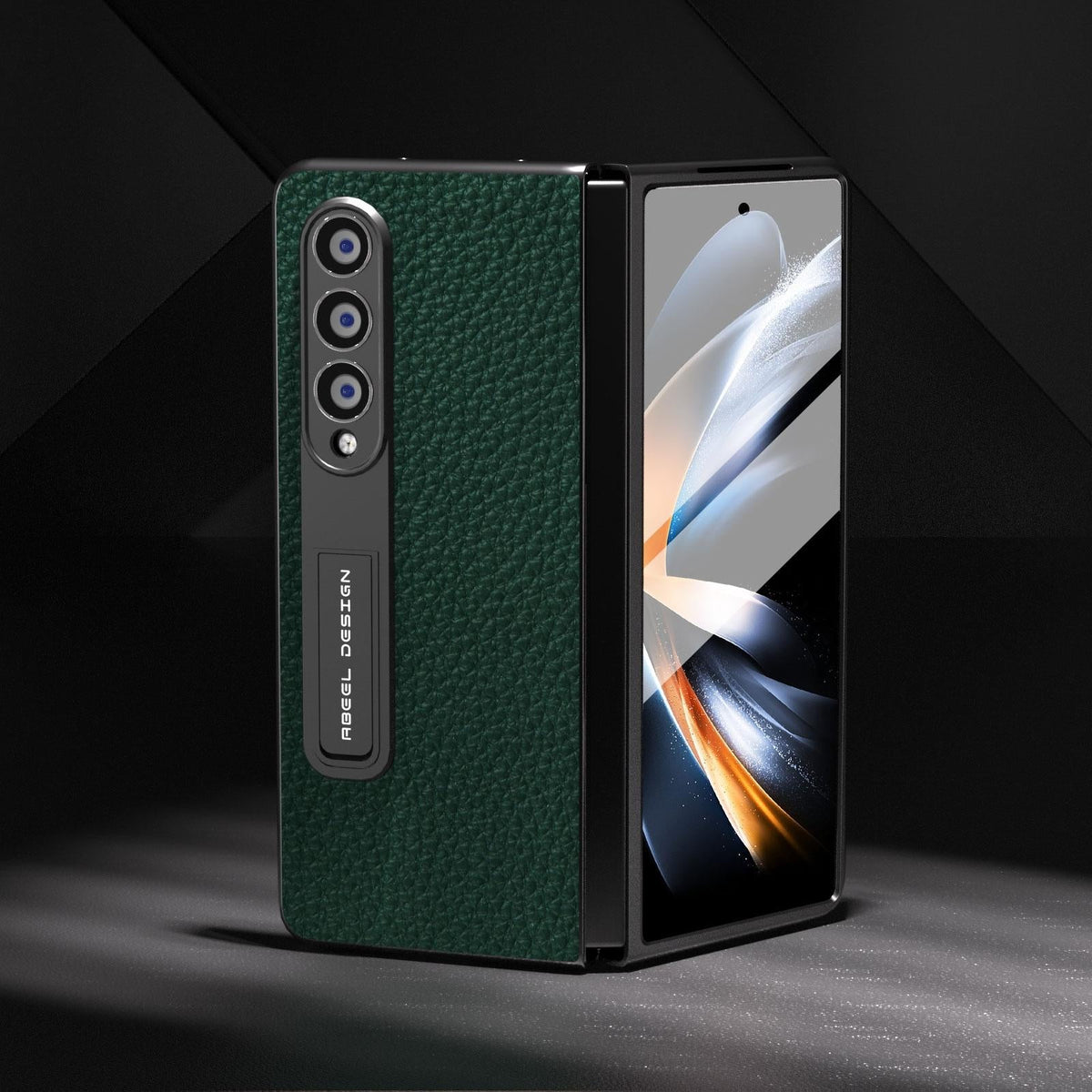 For Samsung Galaxy Z Fold4 5G Leather Phone Case With Holder - Litchi Texture - Black