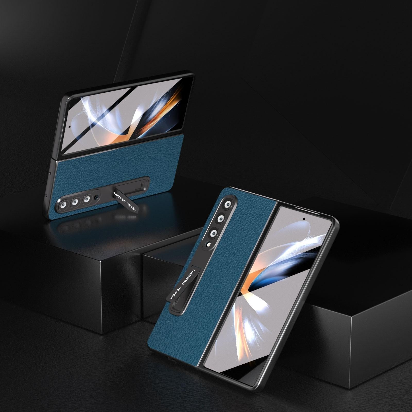 For Samsung Galaxy Z Fold4 5G Leather Phone Case With Holder - Litchi Texture - Black