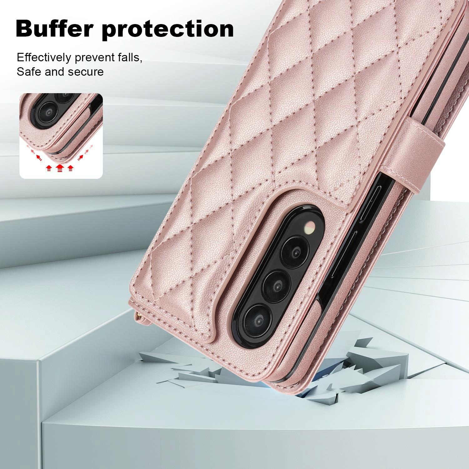 For Samsung Galaxy z Fold4 5G Multifunctional Rhombic Leather Crossbody Phone Case - White