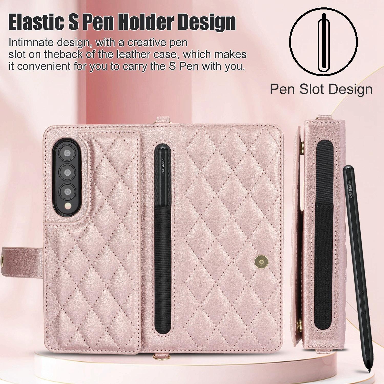 For Samsung Galaxy z Fold4 5G Multifunctional Rhombic Leather Crossbody Phone Case - White