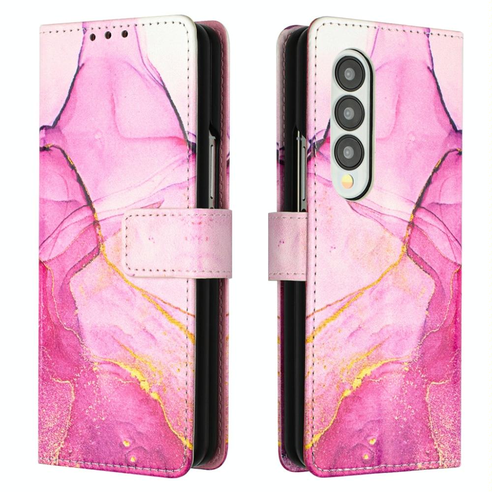 For Samsung Galaxy Z Fold4 5G Marble Leather Flip Case - Pink Purple Gold Ls001