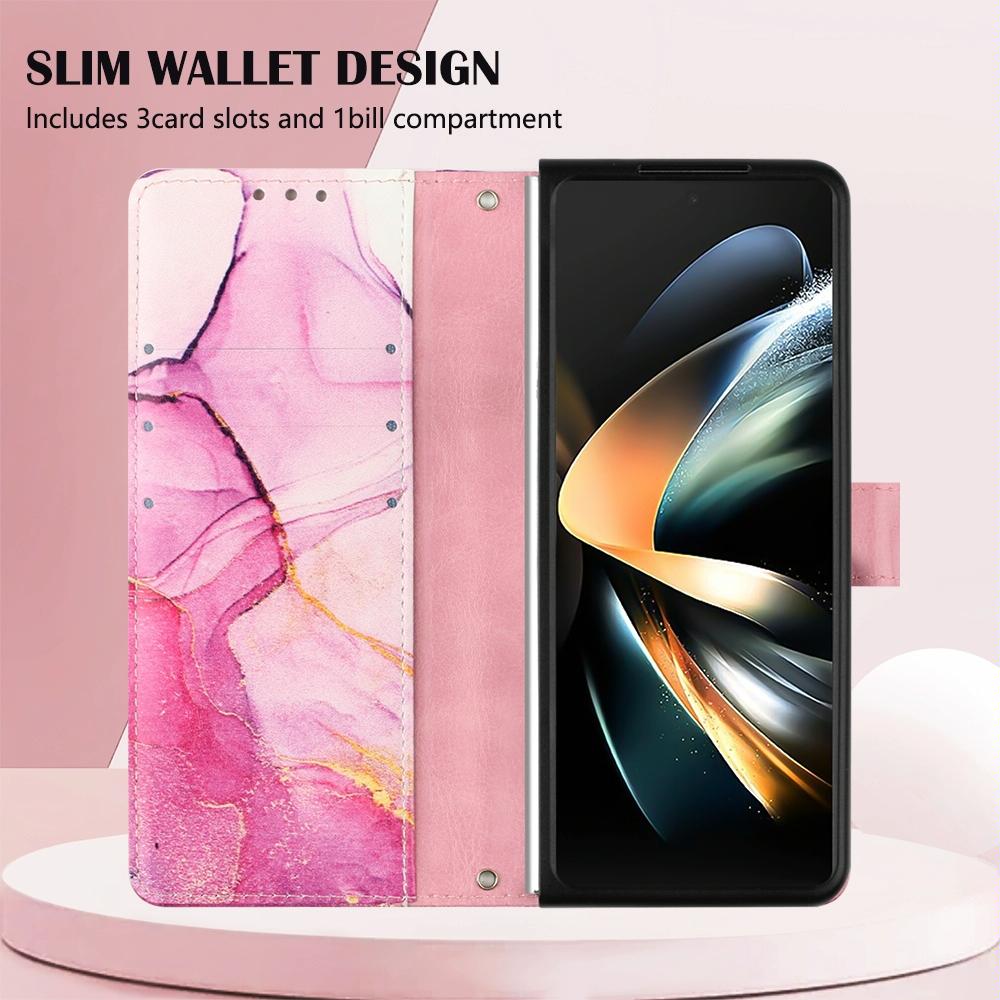 For Samsung Galaxy Z Fold4 5G Marble Leather Flip Case - Pink Purple Gold Ls001