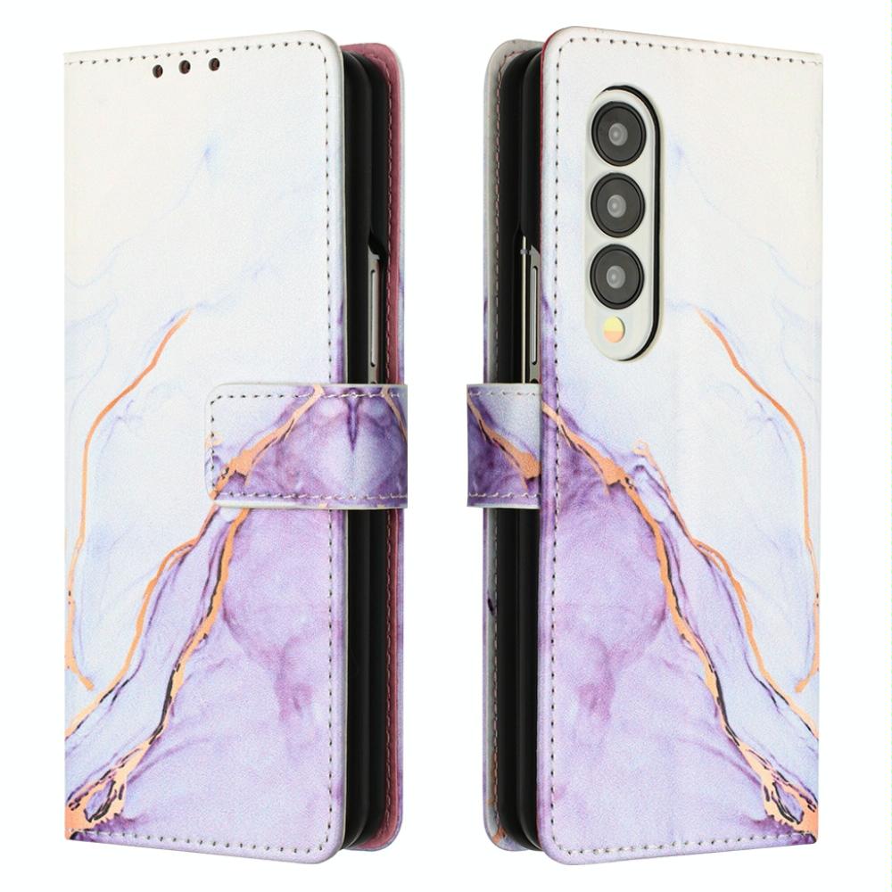 For Samsung Galaxy Z Fold4 5G Marble Leather Flip Case - Pink Purple Gold Ls001