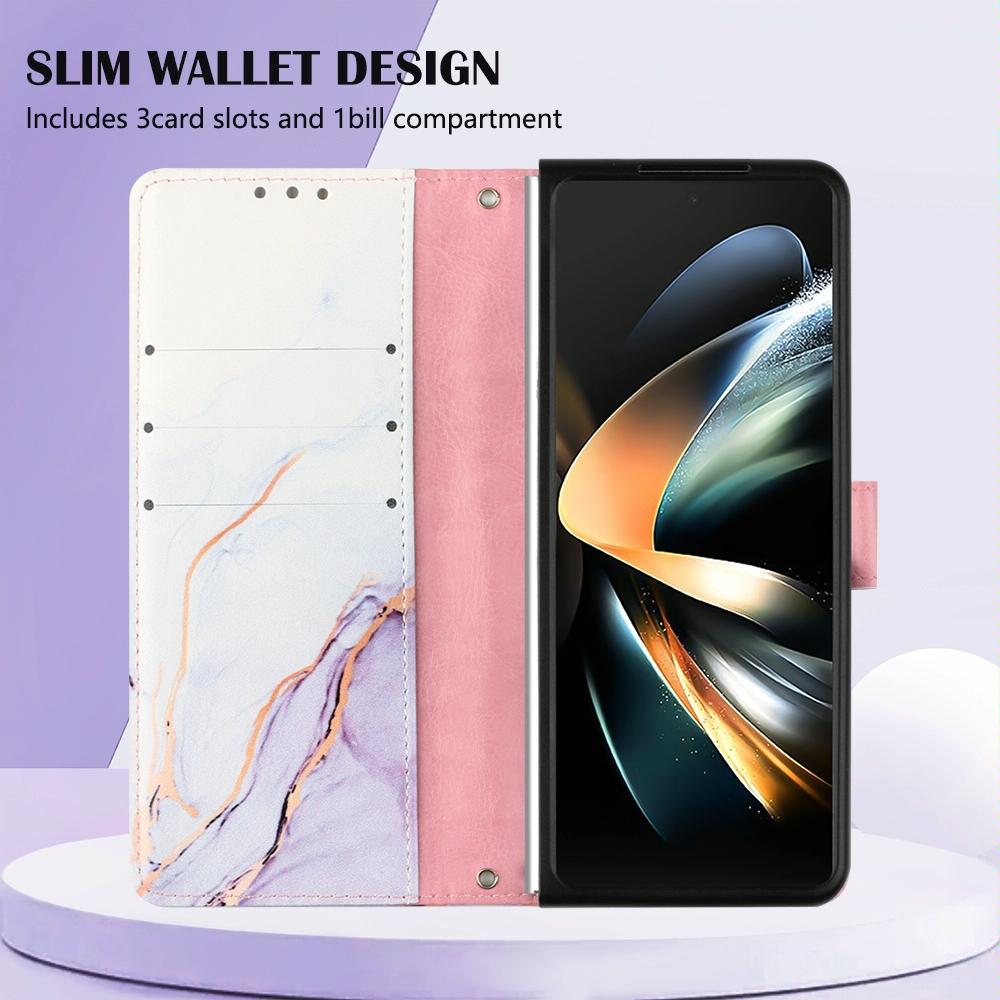 For Samsung Galaxy Z Fold4 5G Marble Leather Flip Case - Pink Purple Gold Ls001