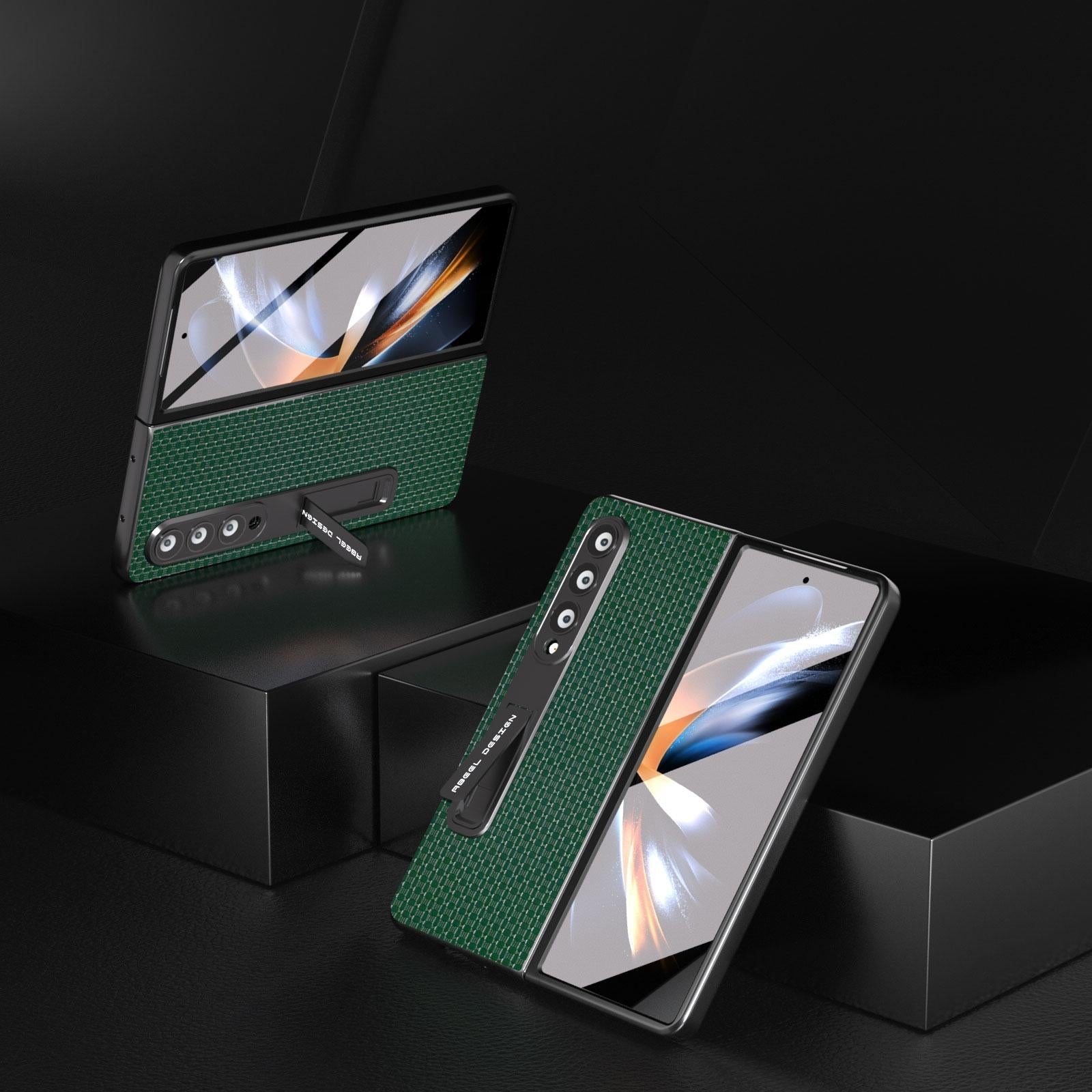 Premium Leather Phone Case With Holder For Samsung Galaxy Z Fold 4 / 5G - Luxury Design - Night Green