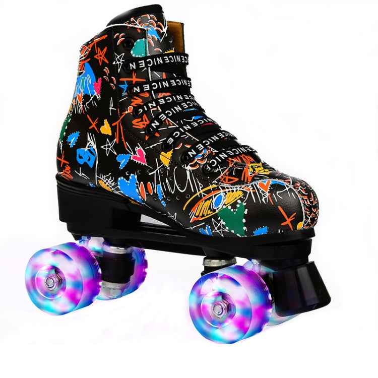 Double Row Four-wheel Roller Skating Shoes for Adult Children - Size 36 - Flash Wheel White