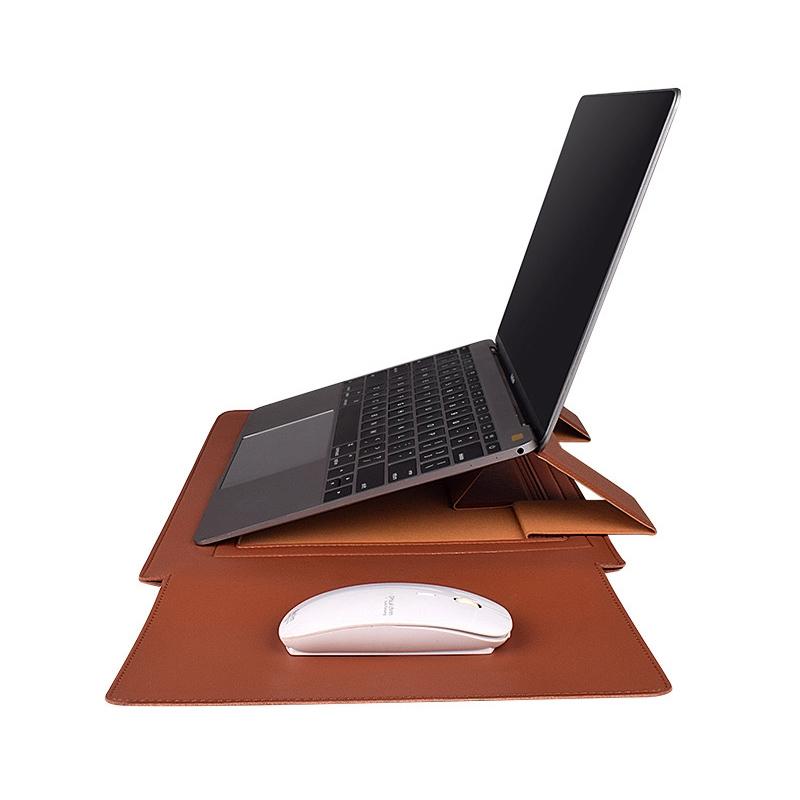 15.4 Inch Laptop Sleeve Leather Case with Small Storage Bag - Black