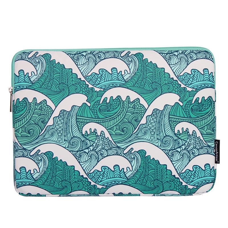 Green Wave 14 Laptop Sleeve in Pu Leather Print