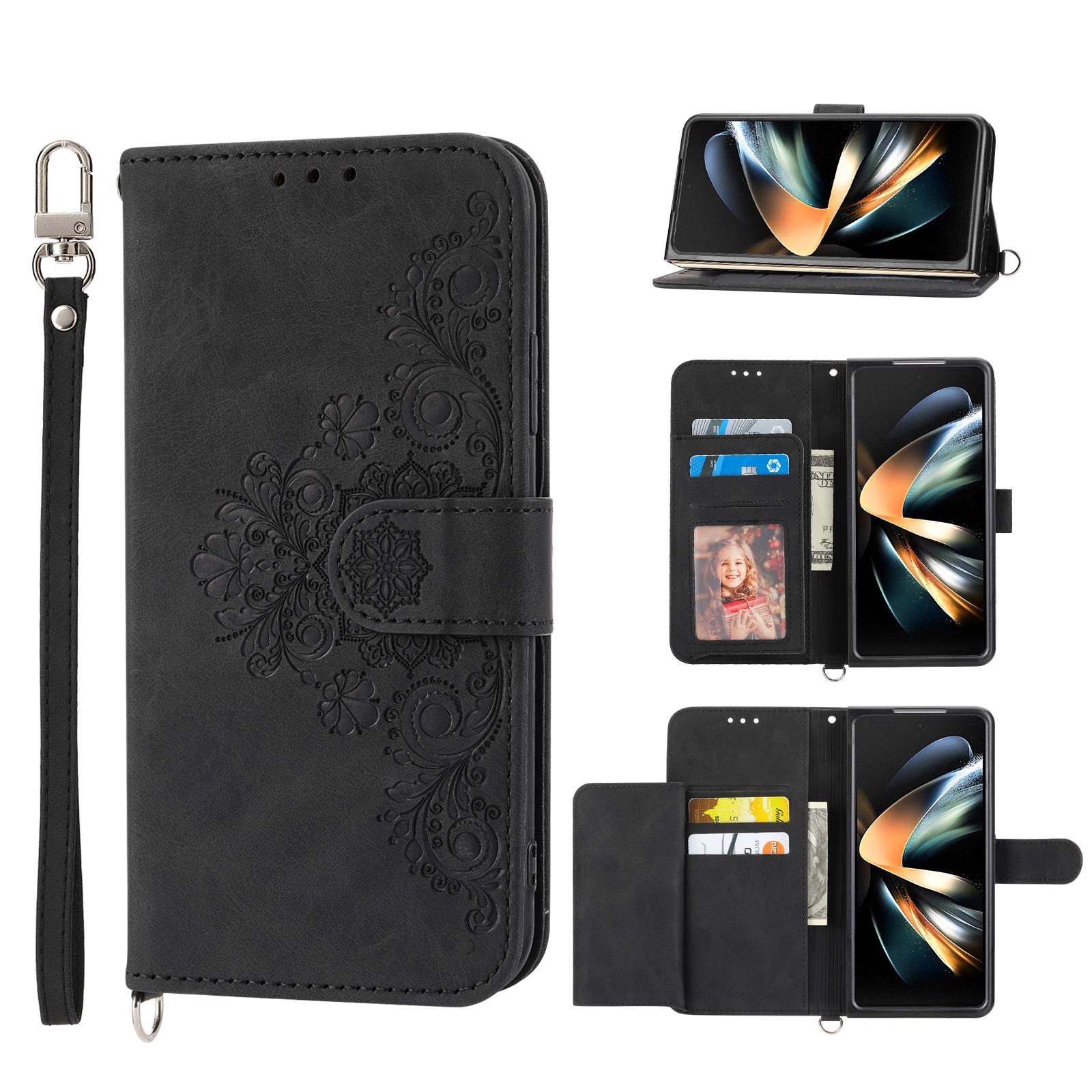 For Samsung Galaxy Z Fold4 5G Floral Leather Phone Wallet - Embossed - Black