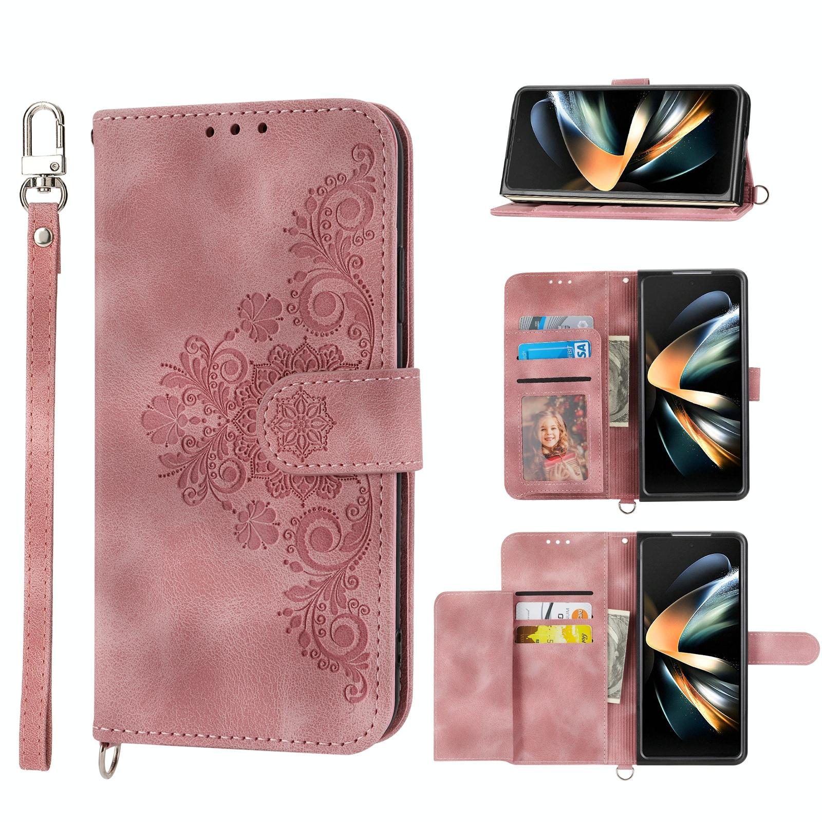 For Samsung Galaxy Z Fold4 5G Floral Leather Phone Wallet - Embossed - Black