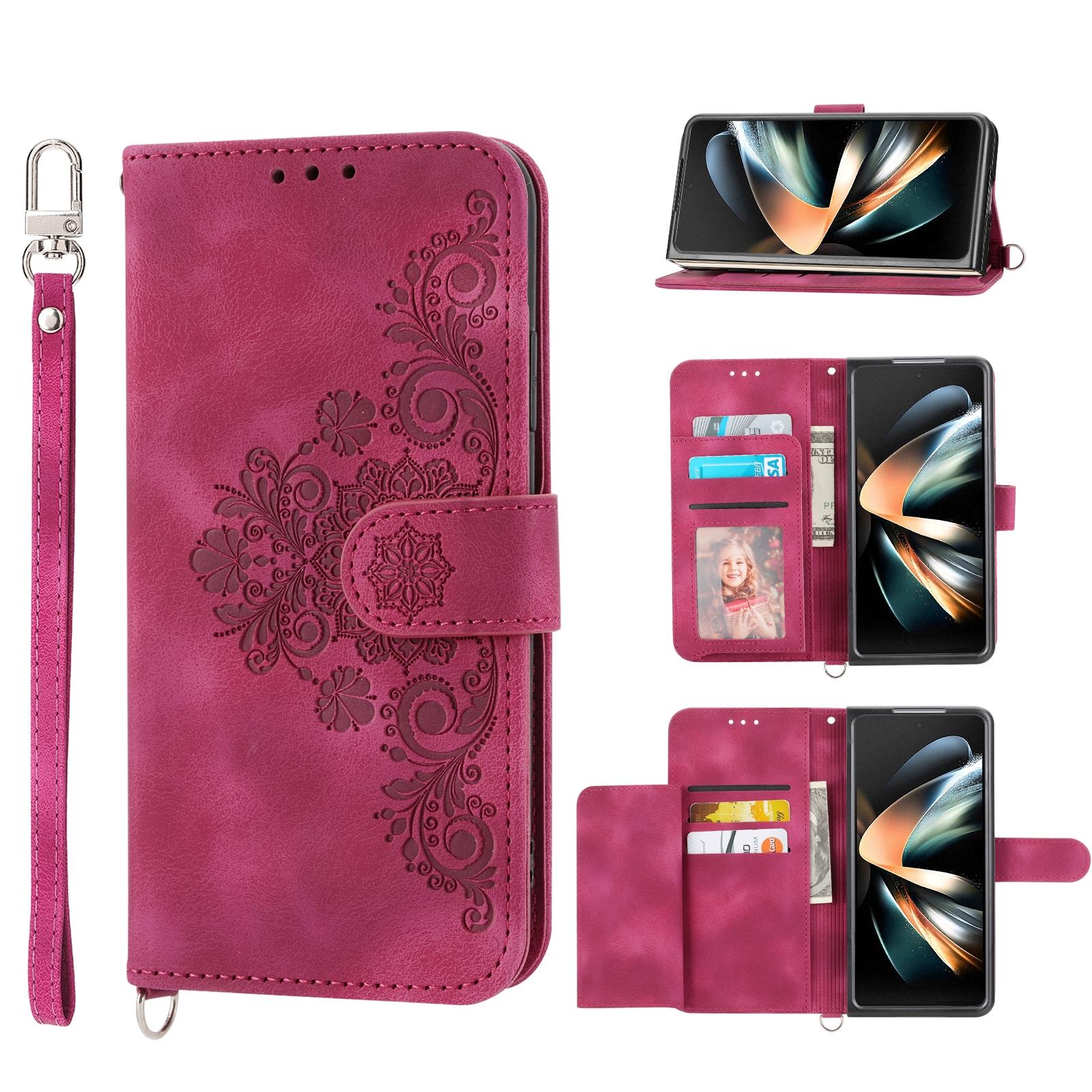 For Samsung Galaxy Z Fold4 5G Floral Leather Phone Wallet - Embossed - Black