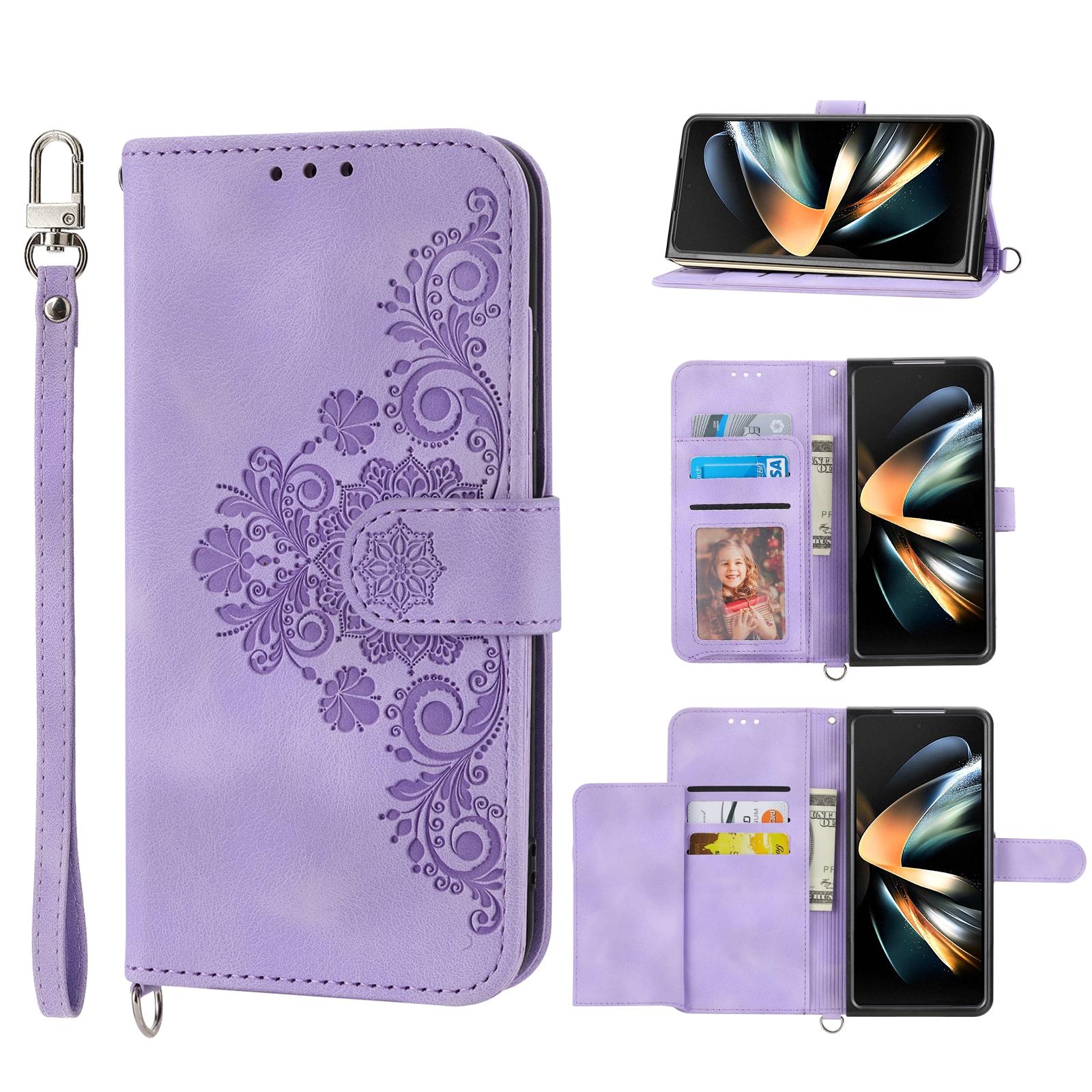 For Samsung Galaxy Z Fold4 5G Floral Leather Phone Wallet - Embossed - Black