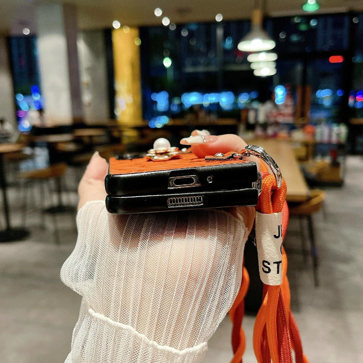 For Samsung Galaxy Z Fold4 5G Camellia Pattern Phone Case With Lanyard - White