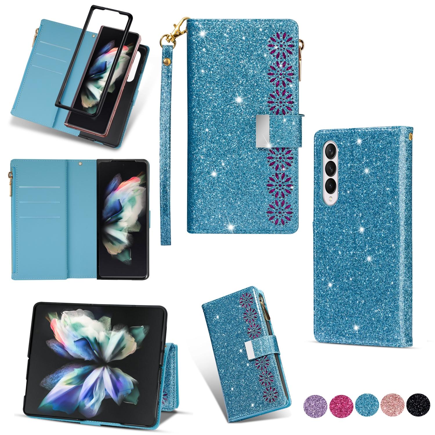 For Samsung Galaxy Z Fold4 5G Sparkling Leather Zip Case - Zipper Closure - Sky Blue