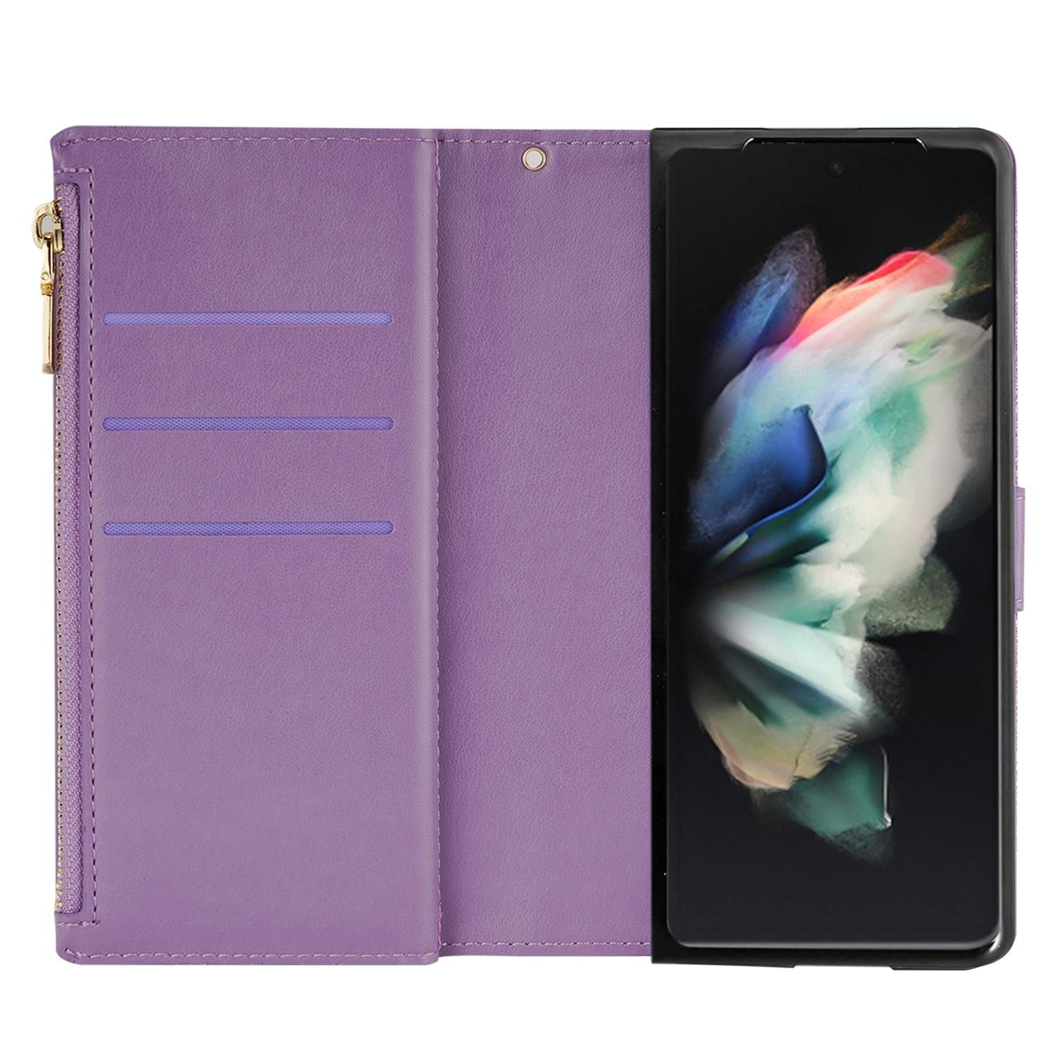 For Samsung Galaxy Z Fold4 5G Sparkling Leather Zip Case - Zipper Closure - Sky Blue