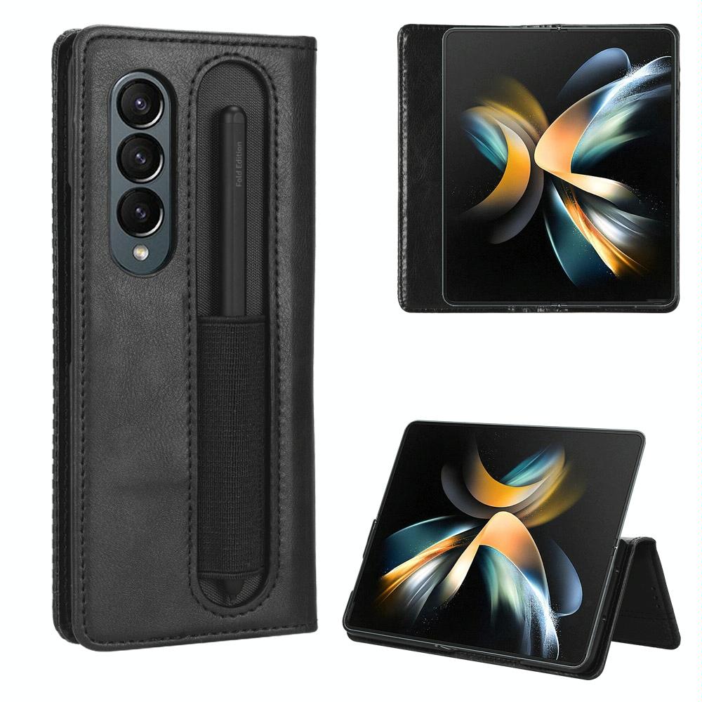 For Samsung Galaxy Z Fold4 5G Vintage Leather Phone Case With Magnetic Buckle - Black